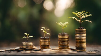 Four stacks of golden currency increase in height with small green seedlings growing from the top