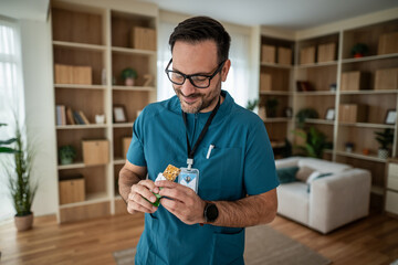 Healthcare professional enjoying a healthy snack break