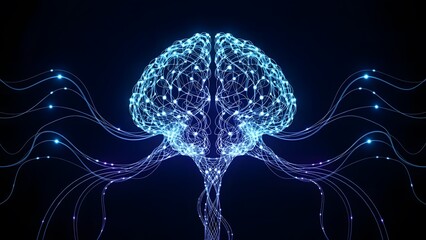 Artificial intelligence brain with glowing neural networks and data processing technology