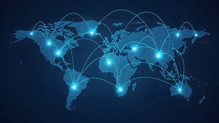 Global network connection lines spreading across world map with glowing dots and light blue color