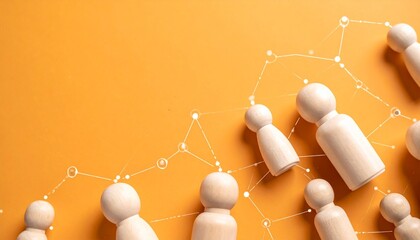 Wooden peg figures of varying sizes connected by a white network of lines and nodes on a orange background.