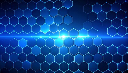 Glowing blue digital hexagon grid with a central light flare and connected nodes.