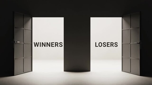 Two contrasting doors labeled winners and losers stand open in a dimly lit space, illustrating a choice between success and failure, inviting viewers to reflect on their decisions