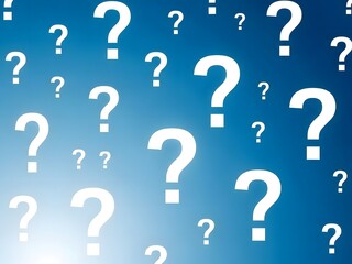 A vibrant blue background is densely populated with numerous white question marks of varying sizes creating a visual representation of uncertainty