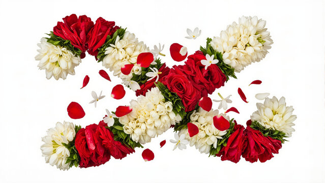 Floral arrangement forming an x shape with red roses and jasmine on transparent background
