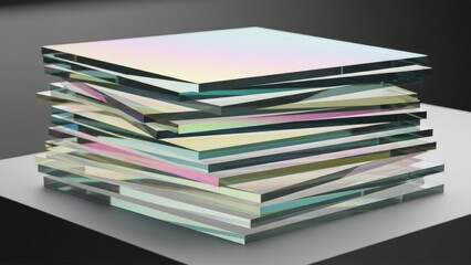 Close-up shot of a small stack of iridescent dichroic glass plates