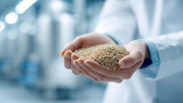Closeup hands worker holds grain for production of white flour. Automated modern mill for bread. Automatic Factory engineer of quality control. Inspection of the harvest. Agriculture, organic food.