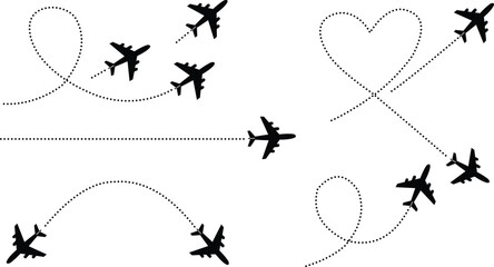 Airplane Silhouette with Dotted Line Flight Path Route Vector Set