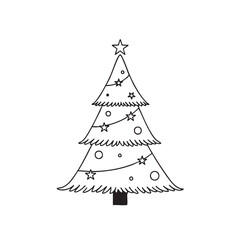 Fototapeta premium Simple black and white line of a Christmas tree with stars and circles as ornaments line black and white