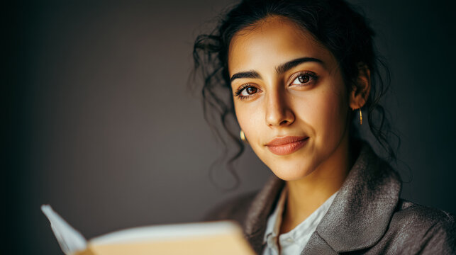 Middle East and North Africa Young Middle Eastern woman with dark curly hair reading a book, soft lighting, close up portrait, confident and focused.