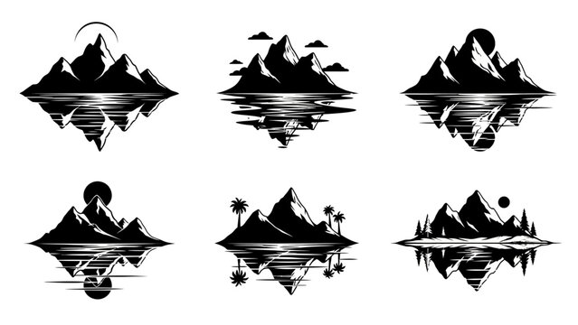 Set of black and white mountain landscape vector logos and icons collection with water reflections trees and sun or moon graphic illustration bundle