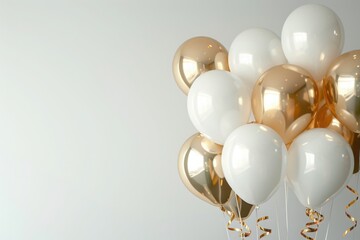 A simple yet elegant birthday background with a white and gold theme, white balloons with golden ribbons floating against a soft white backdrop