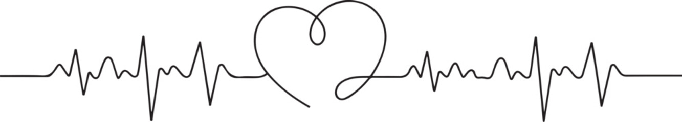 Continuous line drawing of heart with heartbeat. Pulse trace. Cardiogram icon. one line Icon drawing