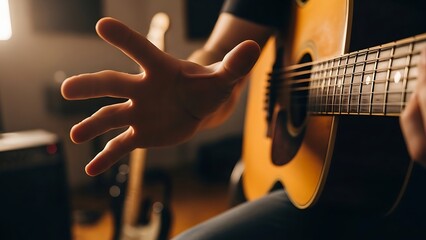 Fototapeta premium Close-up of a person's hand reaching towards the strings of an acoustic guitar, ready to play music.