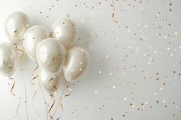 A simple yet elegant birthday background with a white and gold theme, white balloons with golden ribbons floating against a soft white backdrop