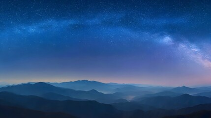 Naklejka premium Layered mountain ranges stretch beneath a brilliant, star-filled night sky