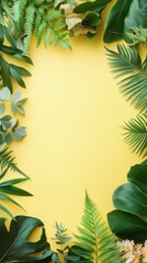 Naklejka premium Tropical green leaves frame on yellow background with copy space