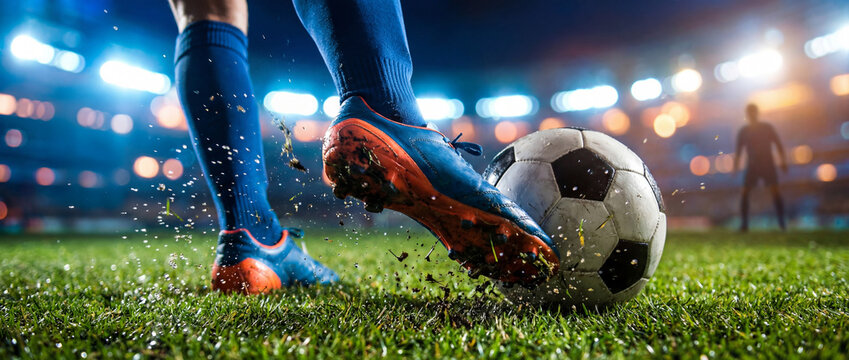 Soccer player leg kicking a football ball on the stadium field during a match action towards the goal