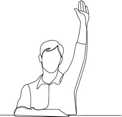 Minimalist continuous line art drawing of a person raising their hand to actively participate in a discussion