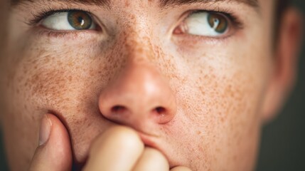 Close-up portrait of a young person with freckles pondering deep thoughts, displaying expressive eyes and a thoughtful expression conveying contemplation and emotion