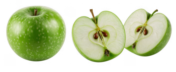Green apples and sliced green apples sliced apples food isolated on a transparent background