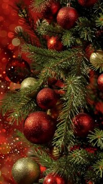 Weihnachtsbaum vor rotem, glitzerndem Hintergrund