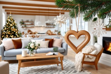 Fototapeta premium Cozy Christmas living room with a wooden heart ornament hanging in front of a decorated tree