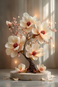 Elegant magnolia bonsai arrangement on a pedestal with floating petals and soft backlight in a warm studio setting