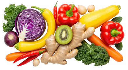 Assortment of fresh vegetables and fruits on white background
