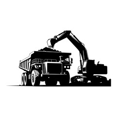 Heavy Equipment Excavator Loading Dump Truck Silhouette