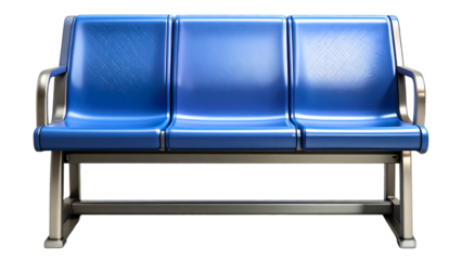 Three blue molded plastic public-transport seats on a metal base