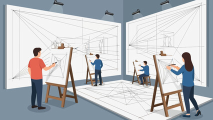 artistic perspective drawing studio with multiple artists creating geometric sketches in a
