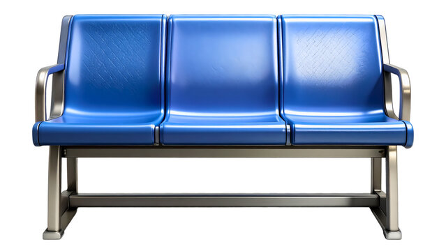 Three blue molded plastic public-transport seats on a metal base