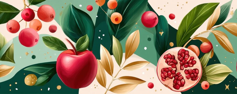 Festive red berries with green leaves pattern on a soft green background for holiday design - Powered by Adobe