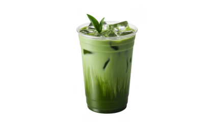 Iced green tea in a clear plastic cup with a leaf drink beverage isolated on a transparent background