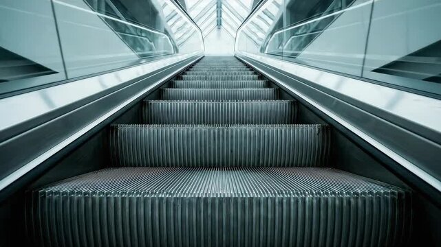 Perspective view of moving staircase in subway station or shopping mall. Steel electric escalator steps going up towards bright light. Urban transport infrastructure background loop.
