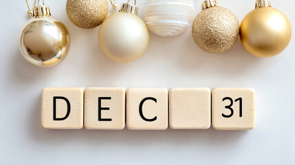 Wooden blocks showing Dec 31 with golden and white Christmas ornaments on white background
