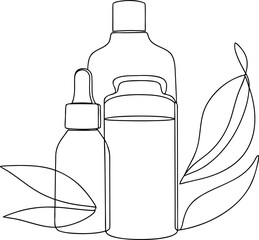 Minimalist continuous line art drawing of organic natural skincare products with botanical leaves on transparent background