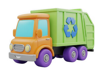 Fototapeta premium Colorful toy garbage truck with recycling symbol on side isolated on transparent background