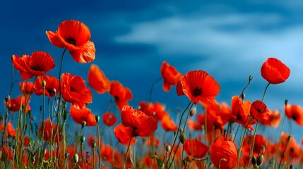Fototapeta premium Vibrant red blossoms grow profusely beneath a deep blue sky