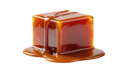 Melting caramel cube melting cube brown caramel isolated on a transparent background
