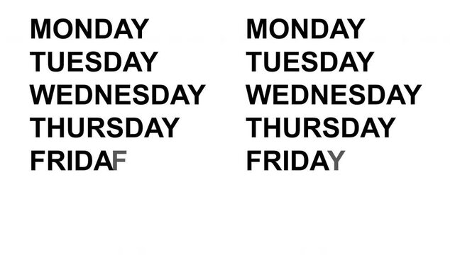 Animated days of the week. Clean and modern motion graphics set featuring all weekdays: Monday, Tuesday, Wednesday, Thursday, Friday, Saturday, Sunday.