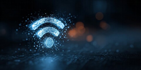 Glowing digital signal icon radiates energy across a dark technological surface