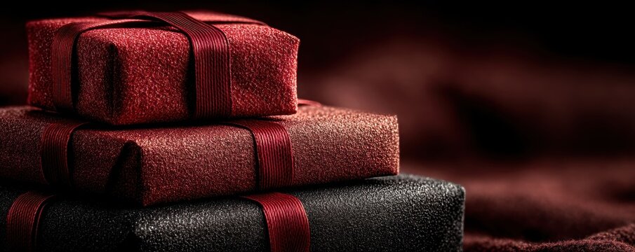 Festive stack of red and black gift boxes wrapped with ribbons for holiday celebration