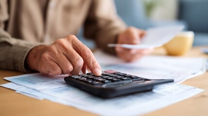 Close-up of senior hands using a calculator over paper bills and documents, home financial management, budgeting and expense calculation concept.