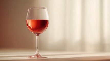 Single glass of red wine standing on a surface with soft natural light and blurred neutral background, minimal composition suitable for alcohol branding, horeca and lifestyle use.
