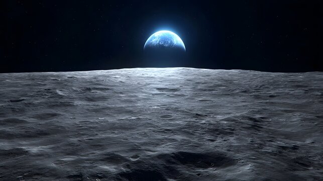 Distant planetary body glows above a desolate celestial surface in deep space - Powered by Adobe