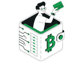 Cartoon Man Holding Bitcoin Device