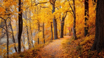 Fototapeta premium Autumnal forest path with golden leaves and trees glowing sunlight tranquil woodland scenery