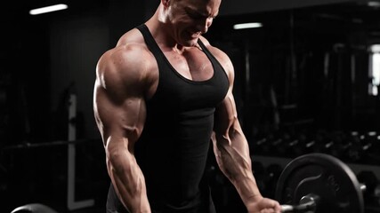 A muscular man in a black tank top lifting weights in a dark gym with a focused expression and dramatic lighting.